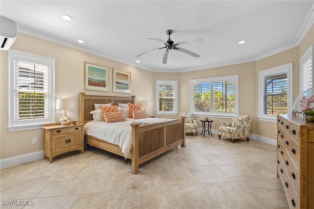 bedroom with a wall mounted AC, ceiling fan, multiple windows, and ornamental molding