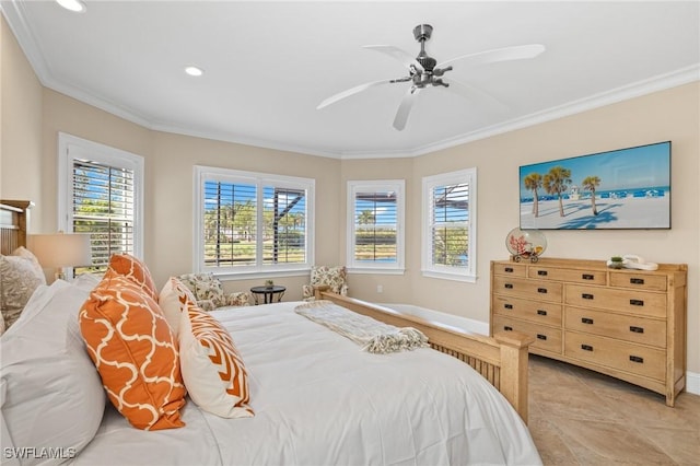 tiled bedroom featuring ceiling fan and crown molding