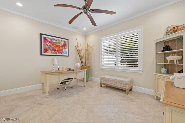 office with crown molding and ceiling fan