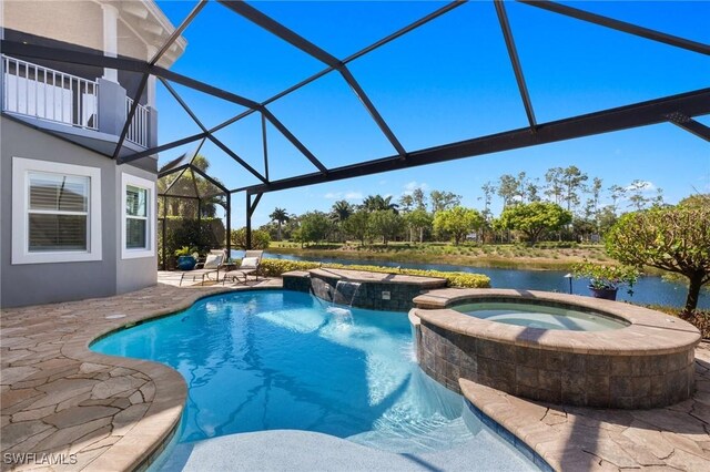 view of pool with a lanai, a water view, an in ground hot tub, and a patio