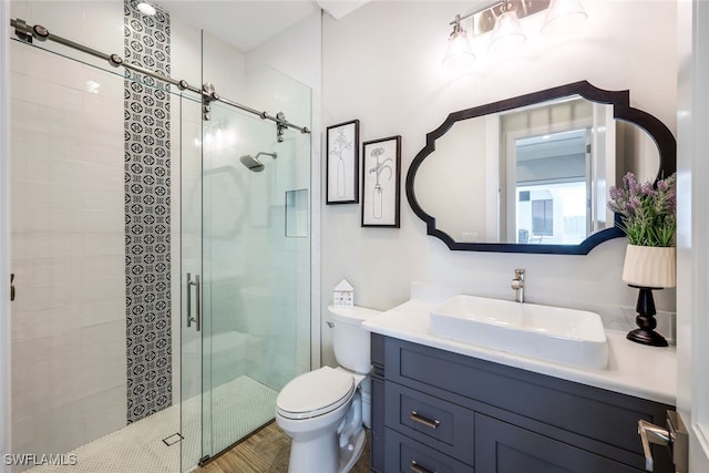 bathroom featuring toilet, vanity, and a shower with door