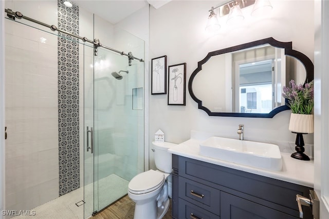 full bath featuring a stall shower, toilet, and vanity