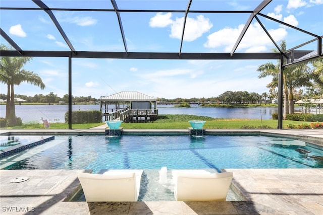 view of pool with a gazebo, a water view, a pool with connected hot tub, and a lanai