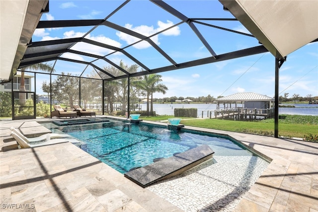 view of pool with a water view, an in ground hot tub, a lanai, and a patio