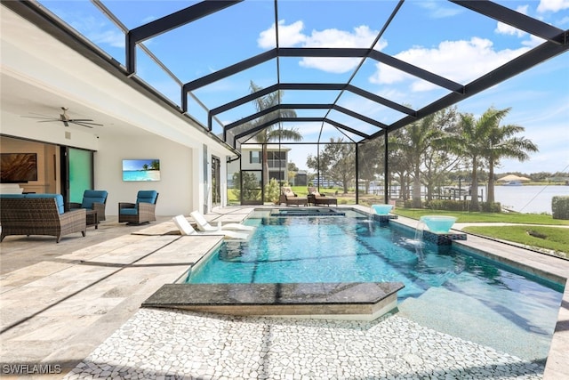 swimming pool featuring a jacuzzi, a patio, an outdoor living space, and glass enclosure