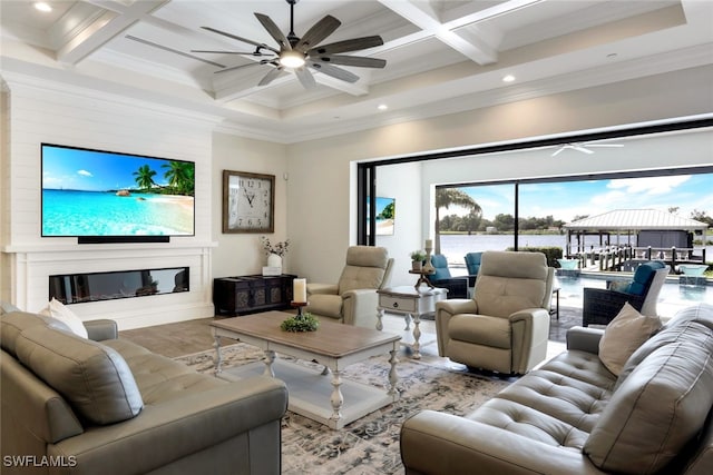 living room featuring ceiling fan, coffered ceiling, recessed lighting, beamed ceiling, and crown molding
