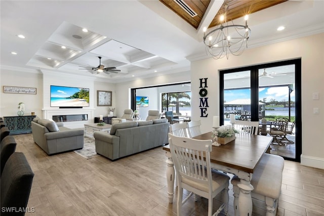 dining room with light hardwood / wood-style floors, beamed ceiling, and coffered ceiling