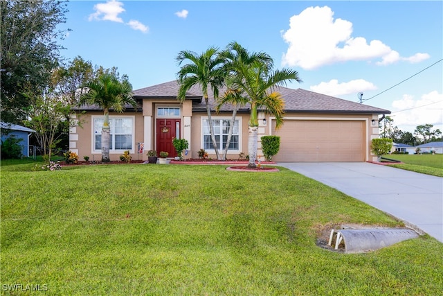 view of front of house featuring a garage and a front lawn