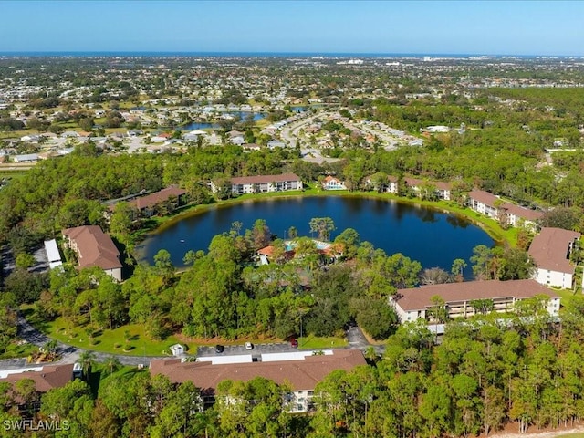 drone / aerial view featuring a water view