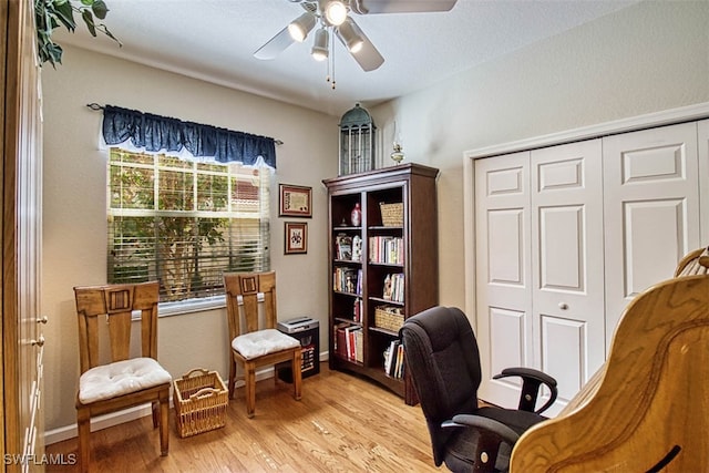 home office featuring light hardwood / wood-style flooring and ceiling fan