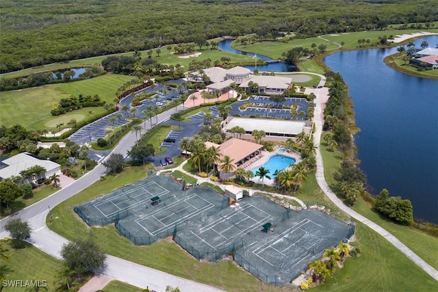 bird's eye view with a water view