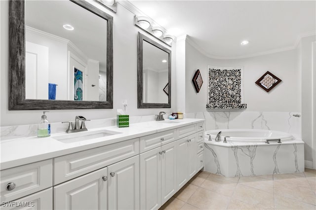 bathroom featuring vanity, tile patterned floors, crown molding, and tiled tub