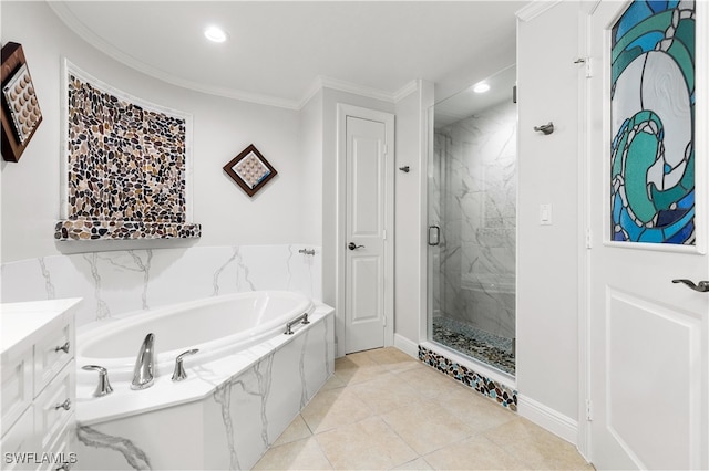 bathroom featuring tile patterned floors, vanity, independent shower and bath, and ornamental molding