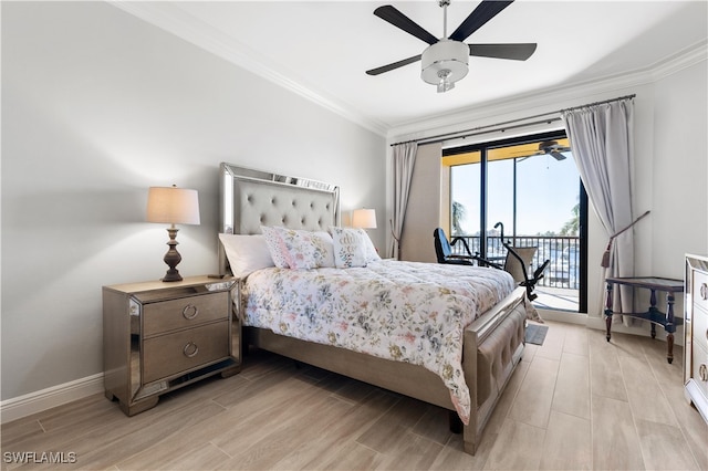 bedroom with access to outside, light hardwood / wood-style flooring, ceiling fan, and crown molding