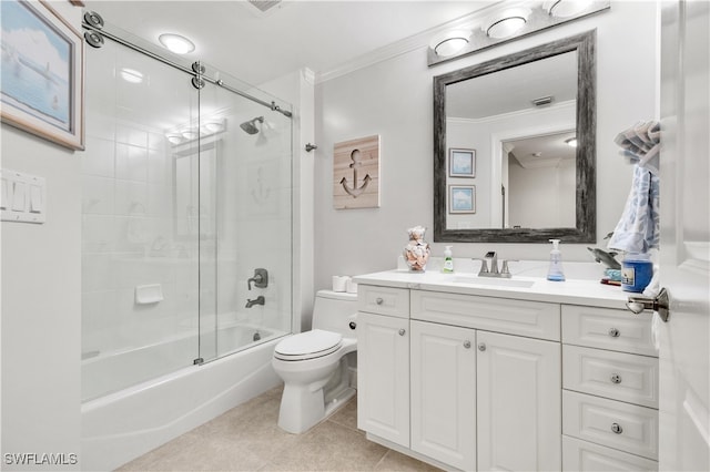 full bathroom with enclosed tub / shower combo, tile patterned floors, toilet, vanity, and ornamental molding