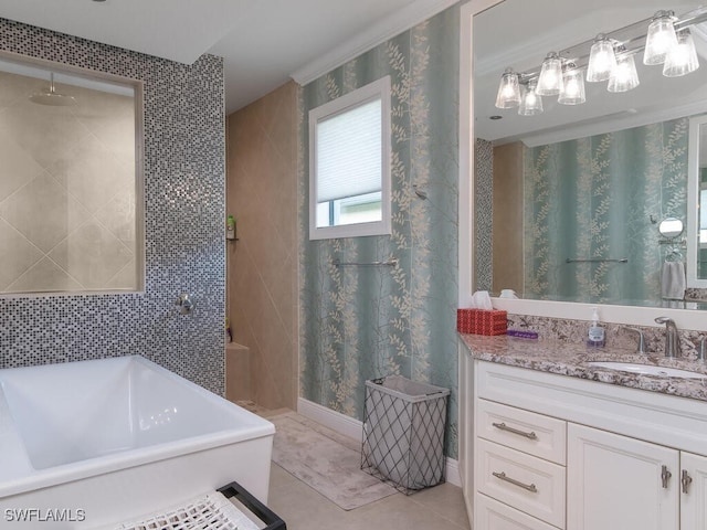 bathroom featuring vanity, tile patterned floors, separate shower and tub, and tile walls