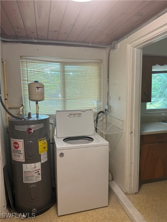 clothes washing area with washer / dryer, water heater, and wood ceiling