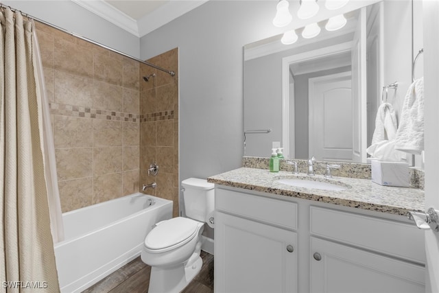 full bathroom featuring crown molding, vanity, hardwood / wood-style flooring, toilet, and shower / bath combo with shower curtain