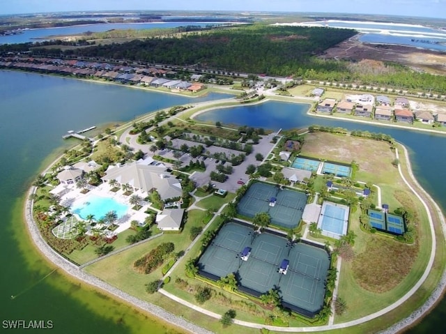 birds eye view of property featuring a water view