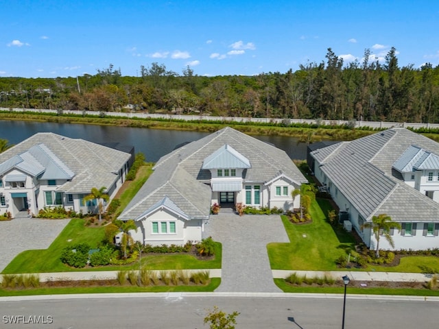 bird's eye view with a water view