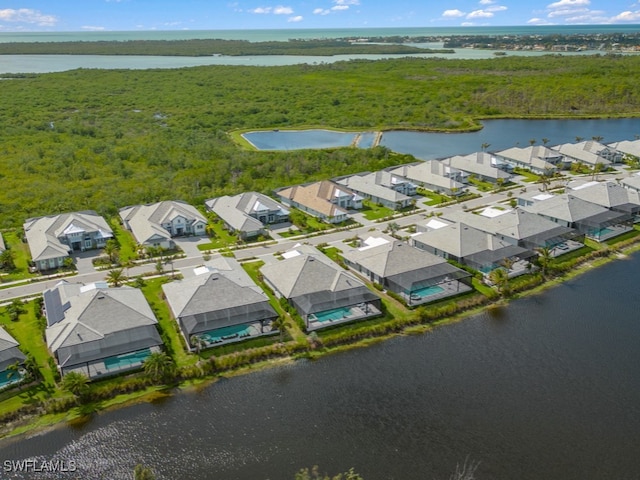 aerial view featuring a water view