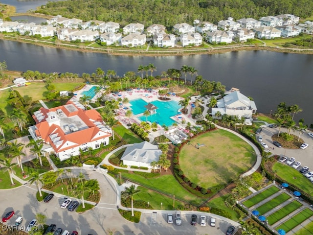 aerial view featuring a water view