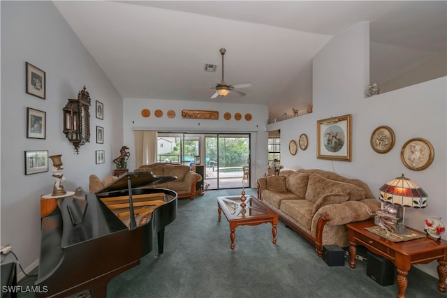 carpeted living room featuring vaulted ceiling and ceiling fan