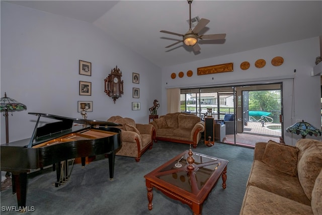 carpeted living room featuring vaulted ceiling and ceiling fan