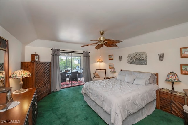 bedroom with dark colored carpet, access to outside, lofted ceiling, and ceiling fan