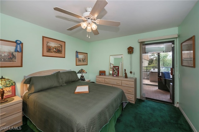 carpeted bedroom with ceiling fan and access to outside