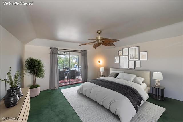 carpeted bedroom with access to outside, lofted ceiling, and ceiling fan