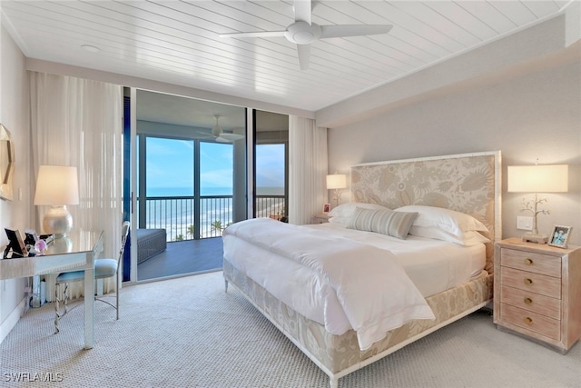 bedroom with ceiling fan, light carpet, access to outside, and wooden ceiling