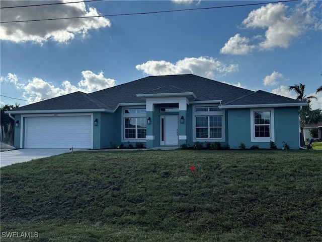 2112 NW 22nd Ave, Cape Coral, FL 33993 - ranch-style house with stucco siding, a garage, a front lawn, and driveway