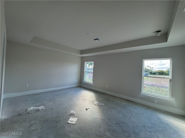 unfurnished room featuring a tray ceiling and a healthy amount of sunlight