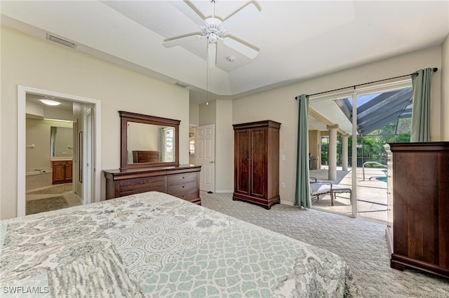 carpeted bedroom featuring access to outside, connected bathroom, and ceiling fan