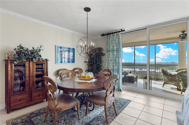 dining space with ornamental molding, a water view, light tile patterned floors, and floor to ceiling windows