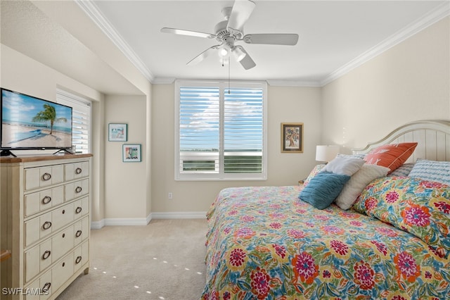 bedroom with ornamental molding, light carpet, and ceiling fan