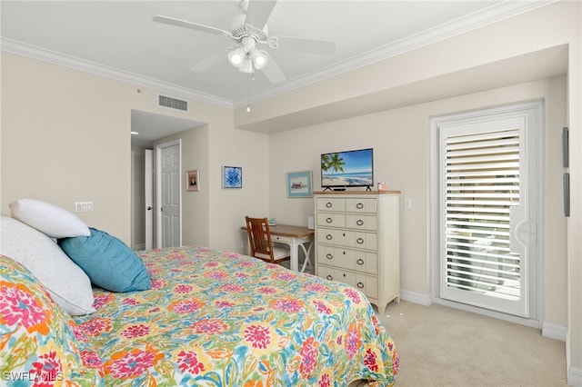 carpeted bedroom featuring ornamental molding, access to outside, and ceiling fan