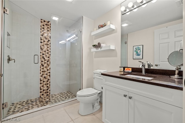 bathroom featuring vanity, tile patterned flooring, toilet, and an enclosed shower