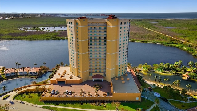 aerial view featuring a water view