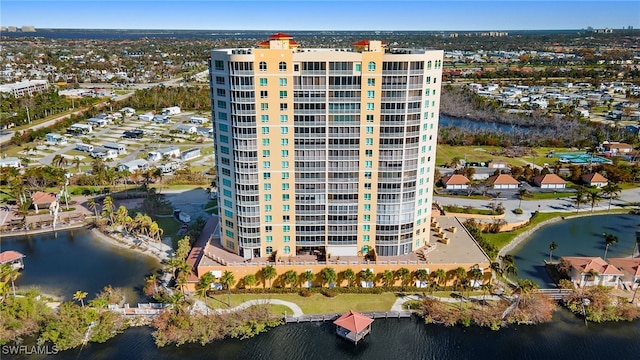 drone / aerial view with a water view