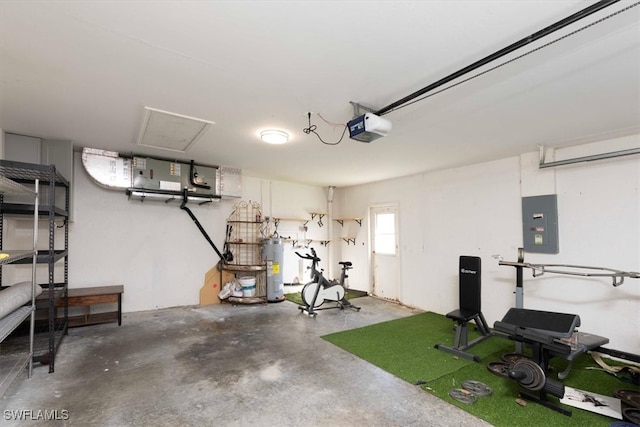 garage featuring a garage door opener, water heater, and electric panel