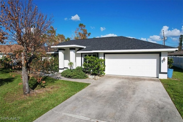 view of front of house with a front yard and a garage