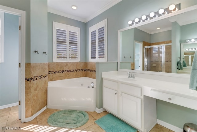 bathroom with vanity, tile patterned floors, separate shower and tub, and ornamental molding