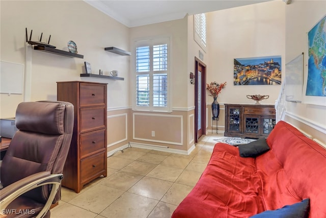 tiled office featuring crown molding