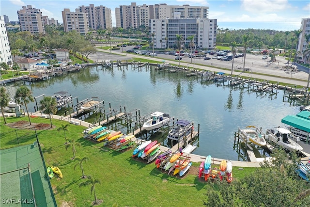 birds eye view of property with a water view