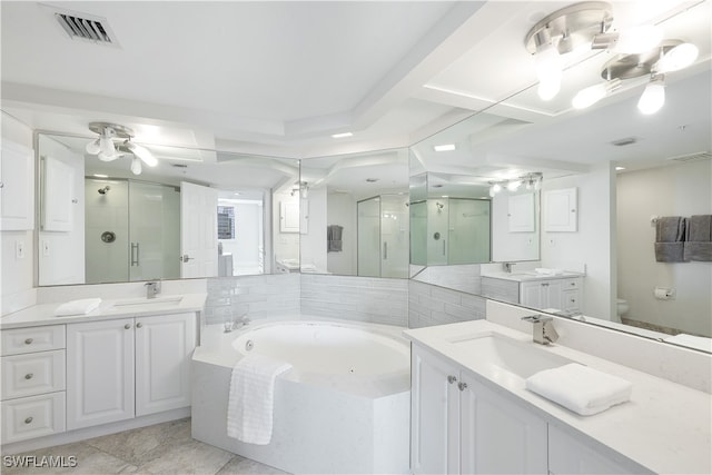 full bathroom featuring separate shower and tub, vanity, tile patterned flooring, toilet, and ceiling fan