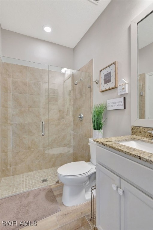 bathroom with vanity, toilet, and walk in shower