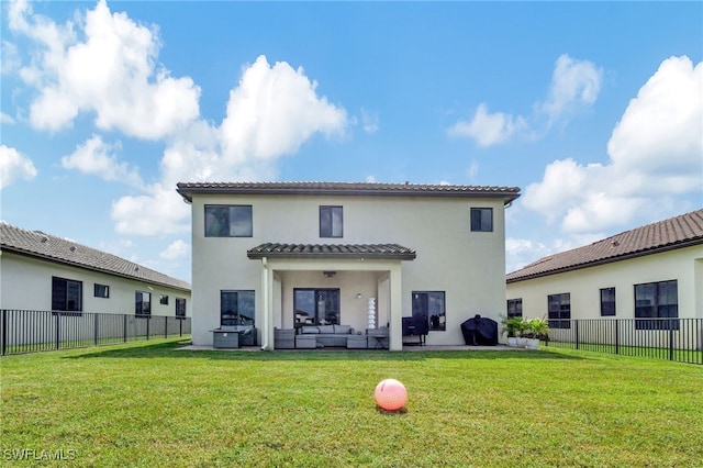 back of property featuring a patio, an outdoor living space, a lawn, and a pergola