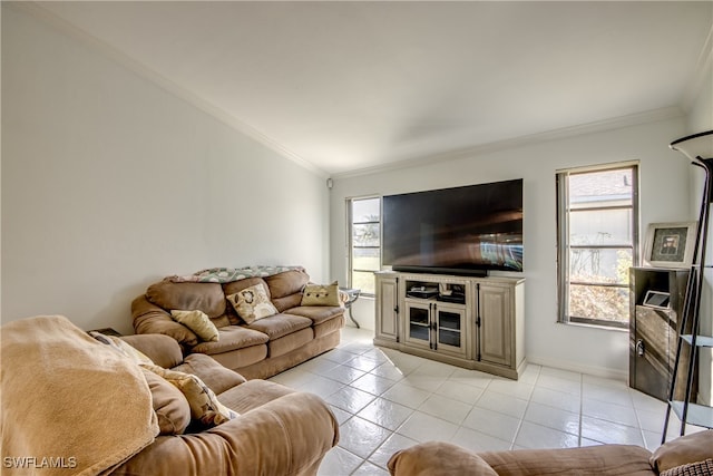 living room with crown molding, light tile patterned flooring, and vaulted ceiling